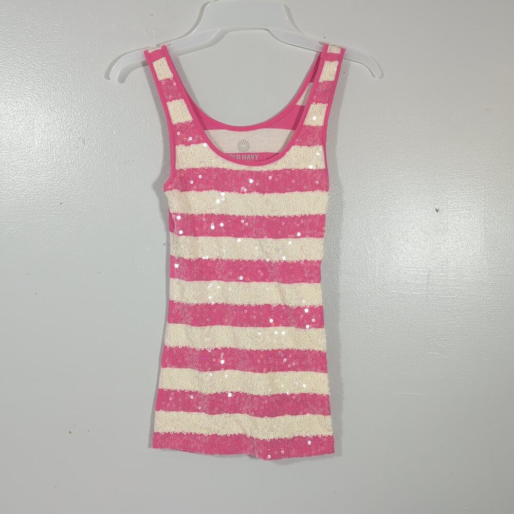 Old Navy Y2K Sequin Striped Tank Top XS | Pink/White Barbiecore Party Sparkle